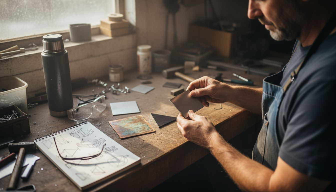 Metalworker displaying metal art material samples