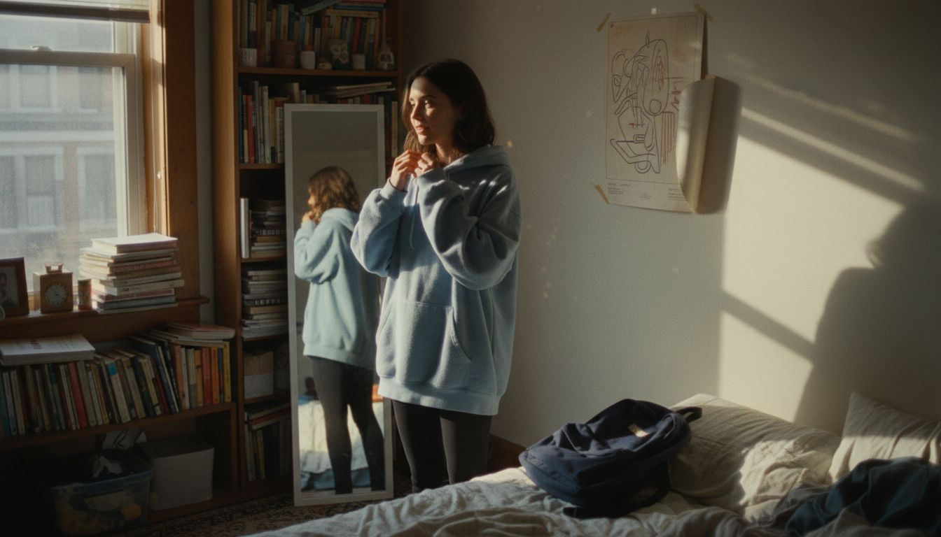 Woman adjusting hoodie fit in bedroom mirror