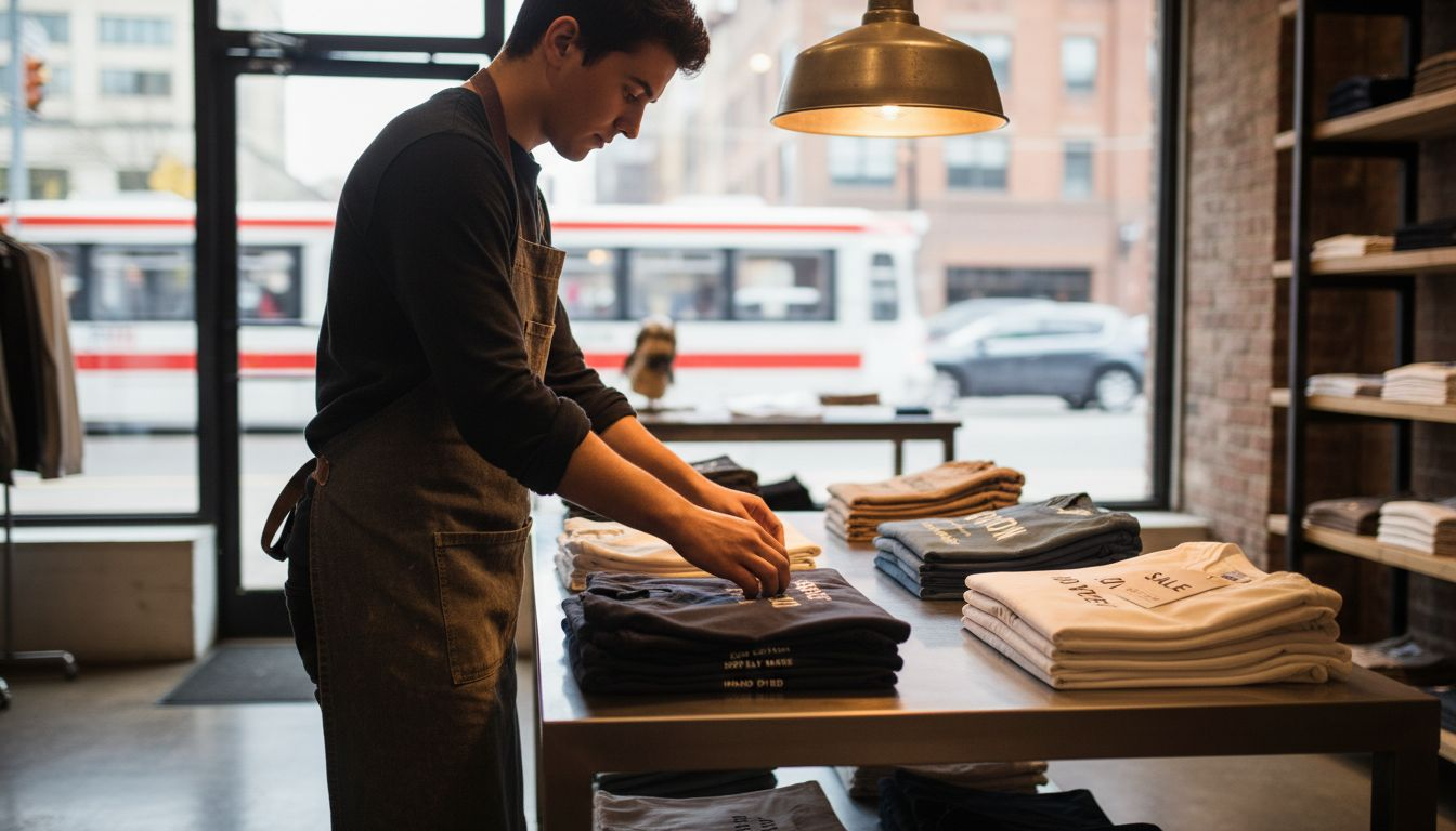 Worker organizing shirts with descriptive slogans