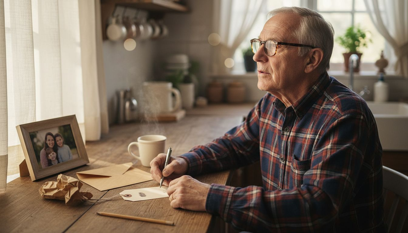 Older man writes personal memory on tag