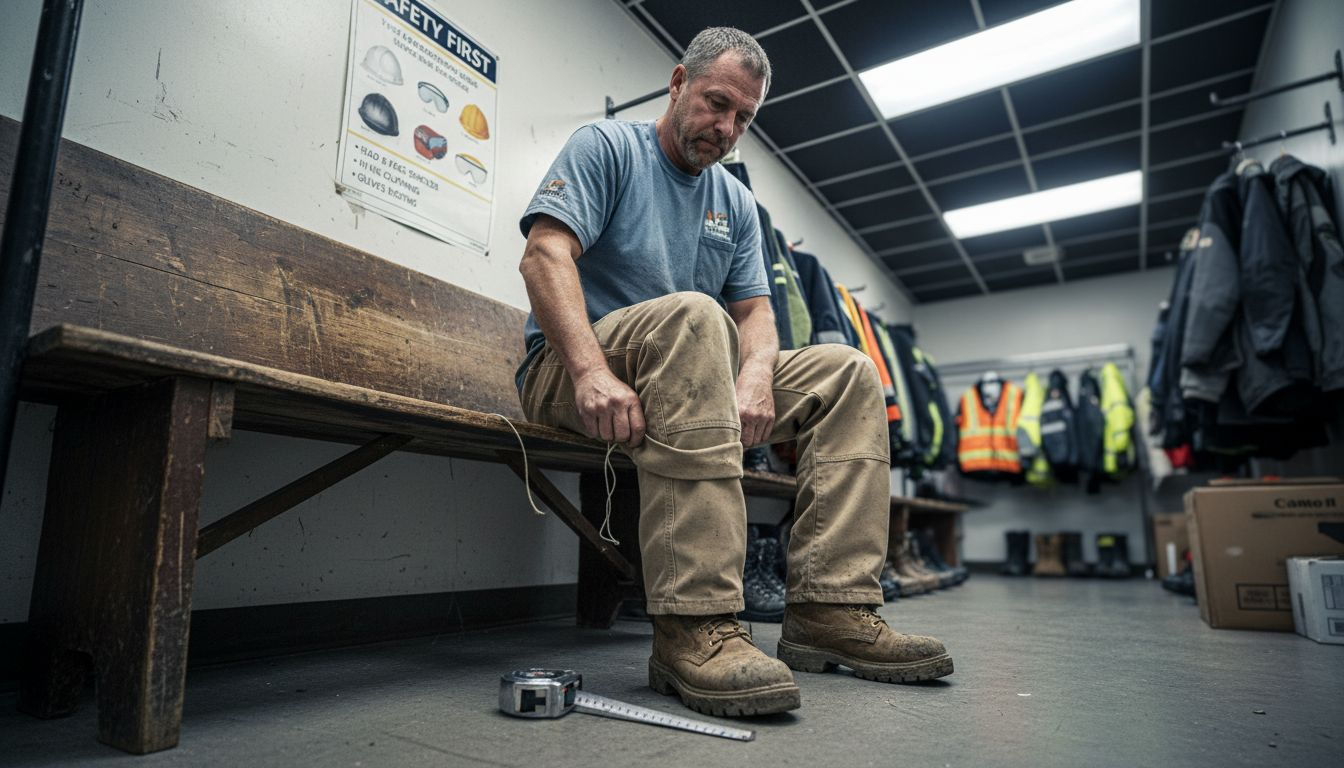 Contractor tries on durable construction pants