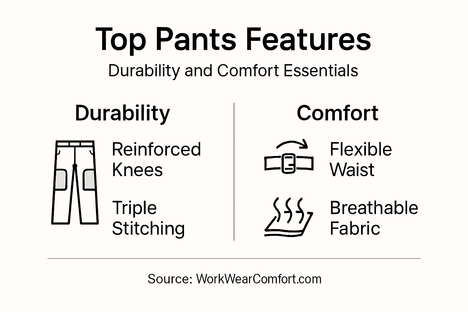Infographic showing pants durability and comfort features
