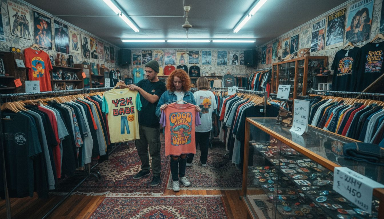 Group browsing retro t-shirt designs in store