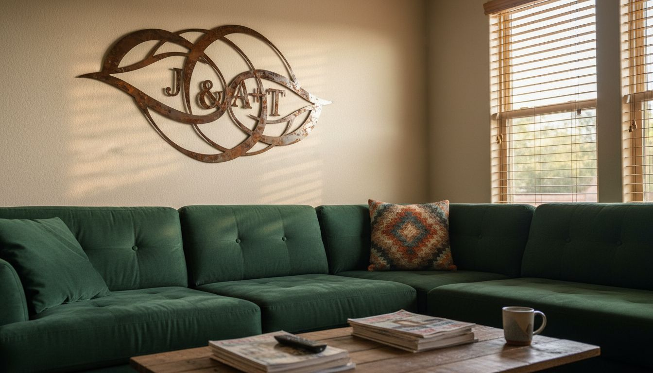 Custom metal art above sofa in living room
