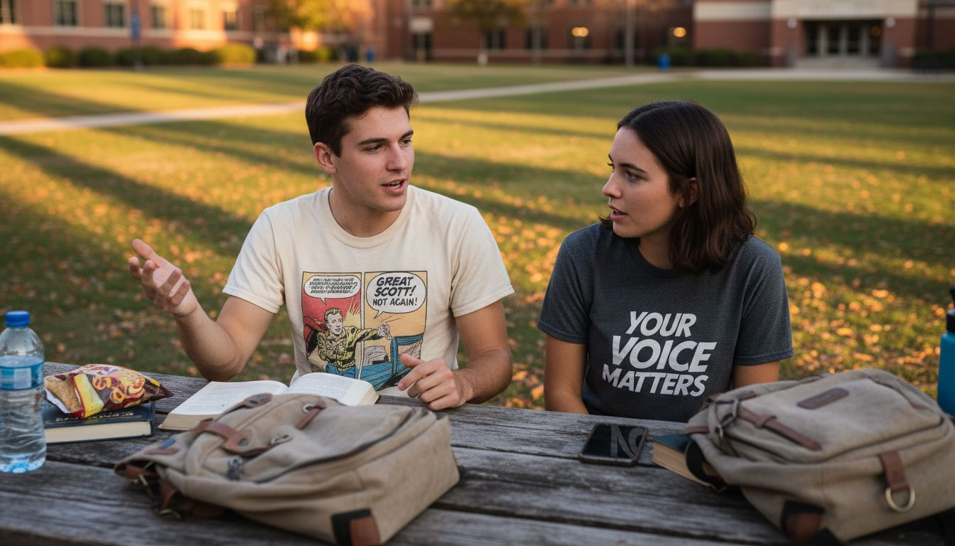 College students in graphic tees talking on campus