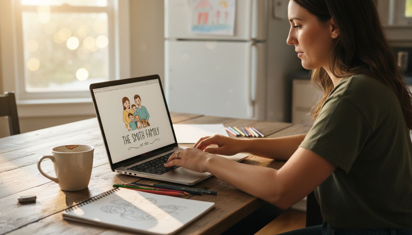Designer edits family portrait on kitchen table
