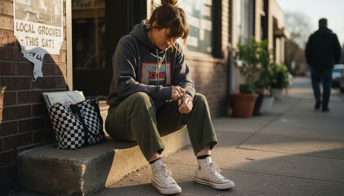 Woman in retro hoodie with corduroy pants