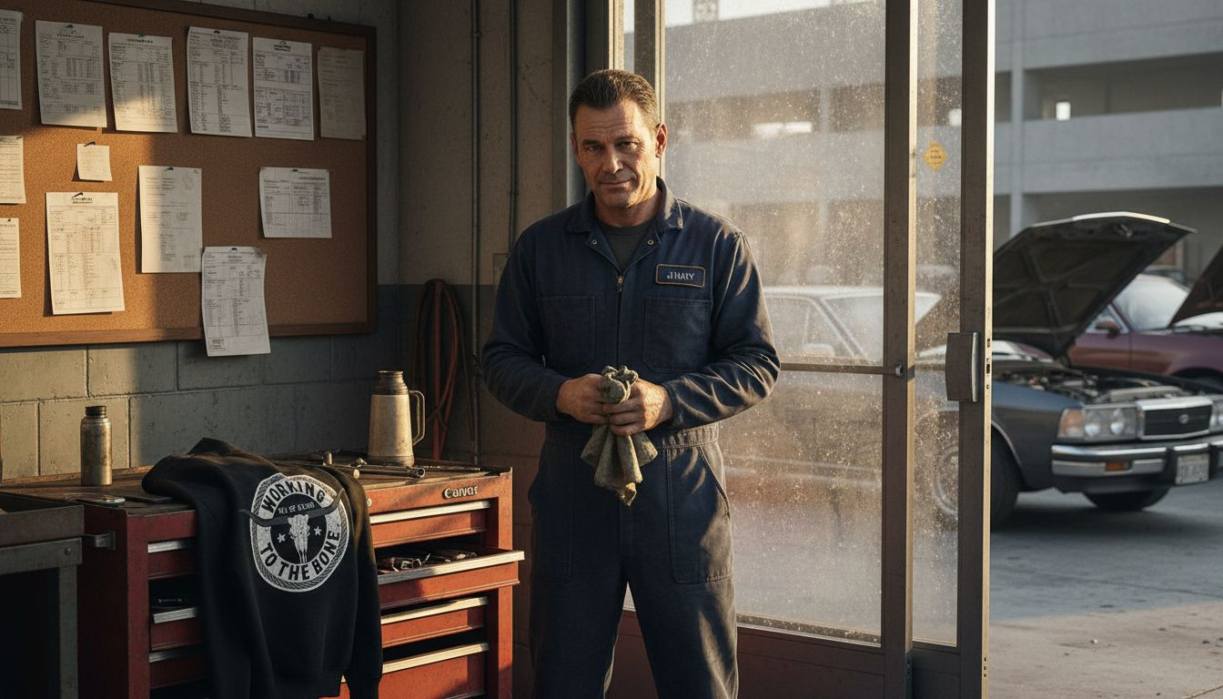Mechanic showing pride in busy workshop