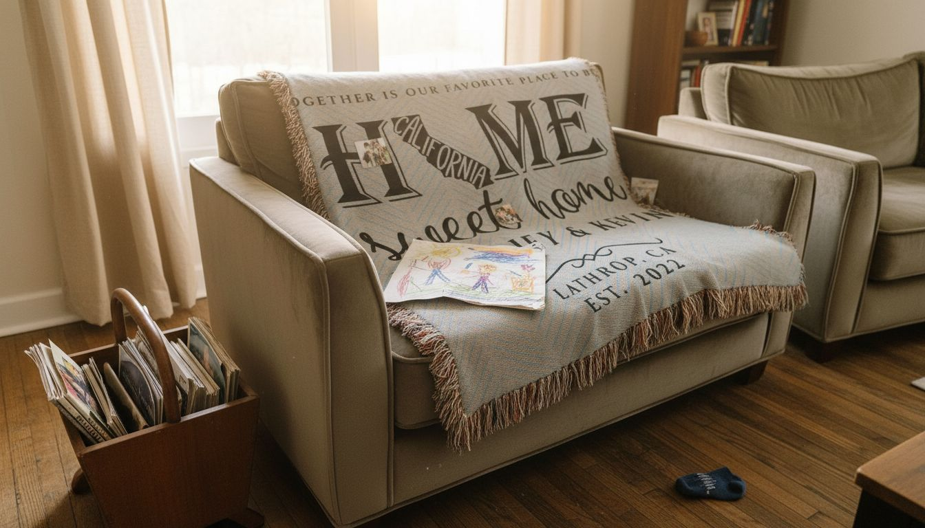 Embroidered blanket with family names on armchair