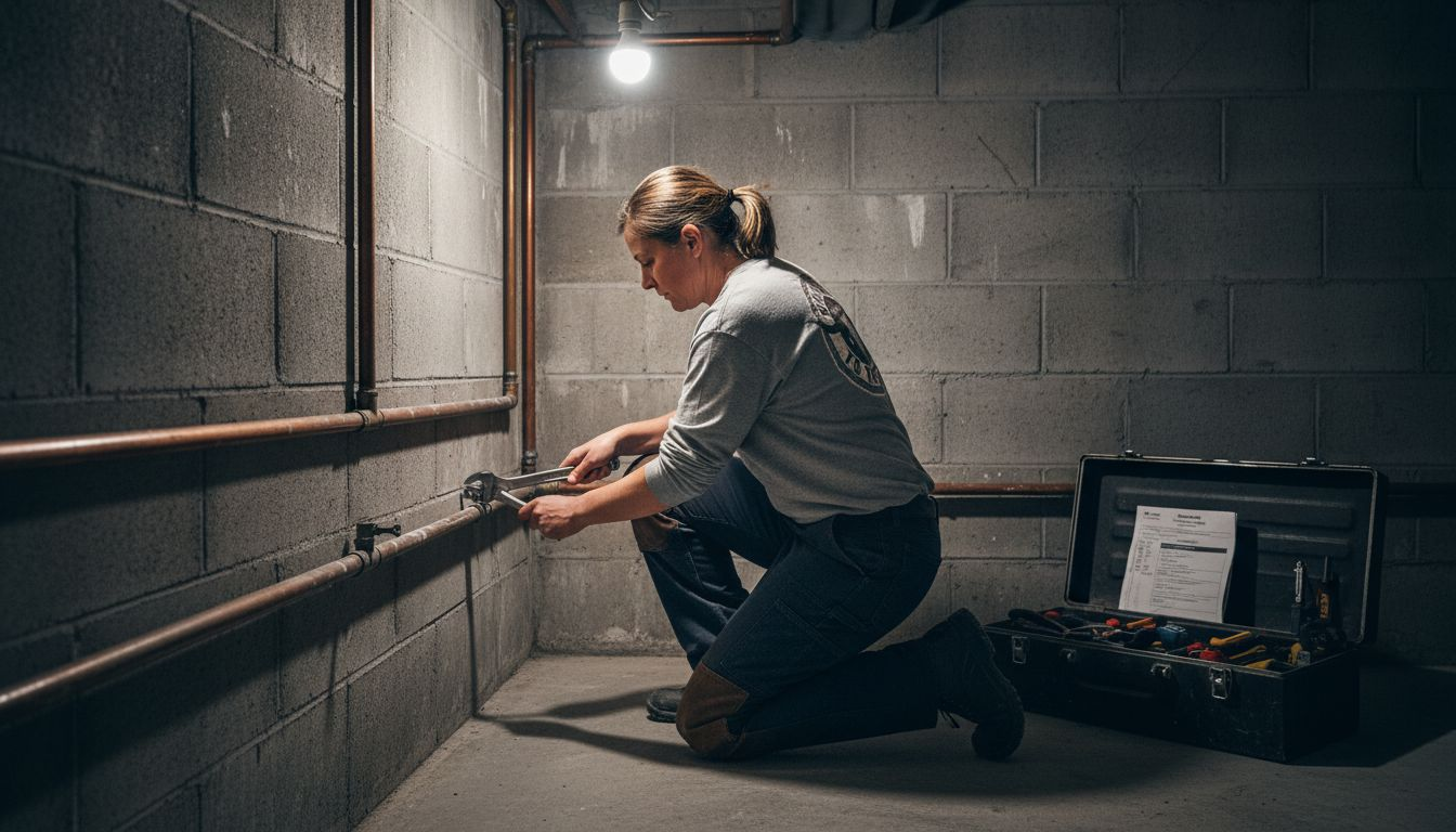 Plumber working on pipes in basement