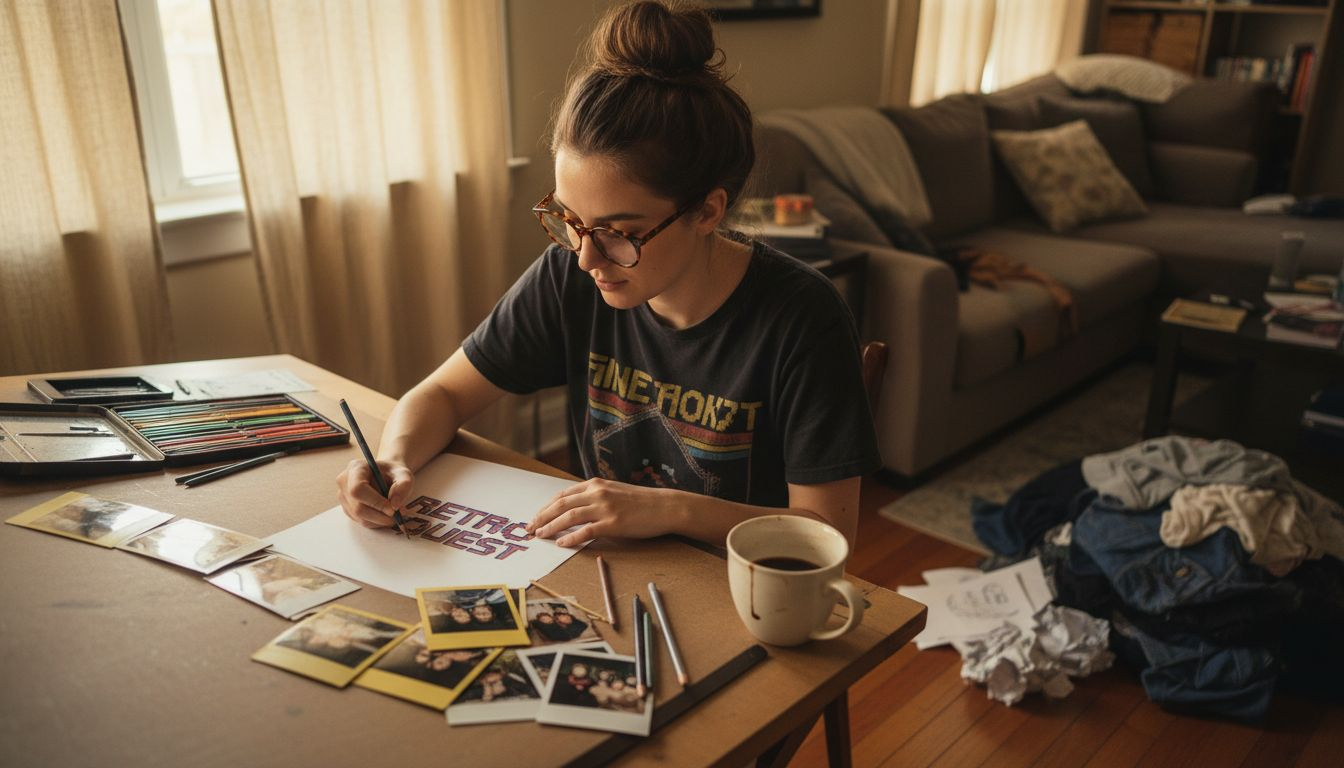 Designer sketching nostalgic 90s t-shirt art