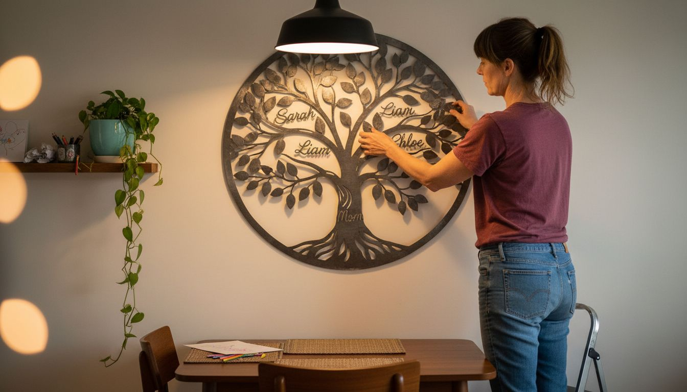 Woman hanging personalized metal art tree design
