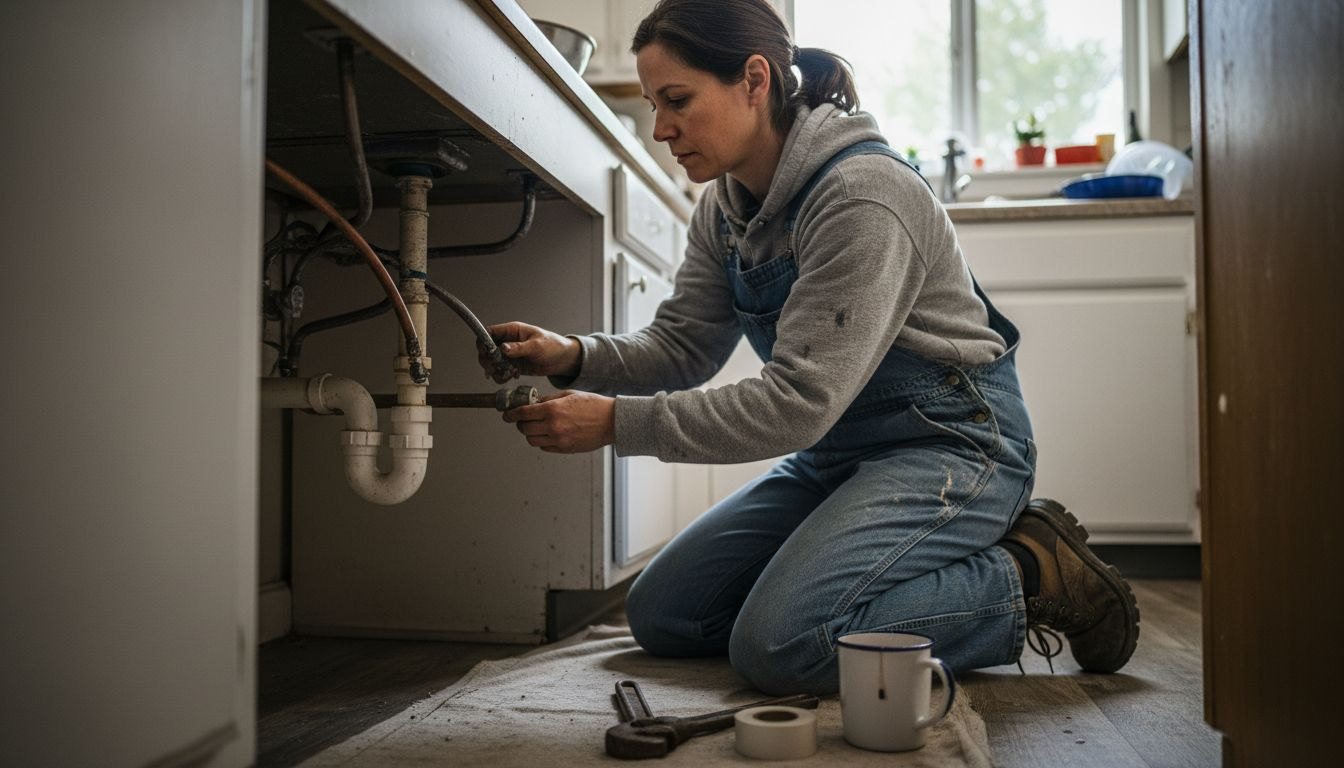 Plumber inspecting pipes wearing work gear
