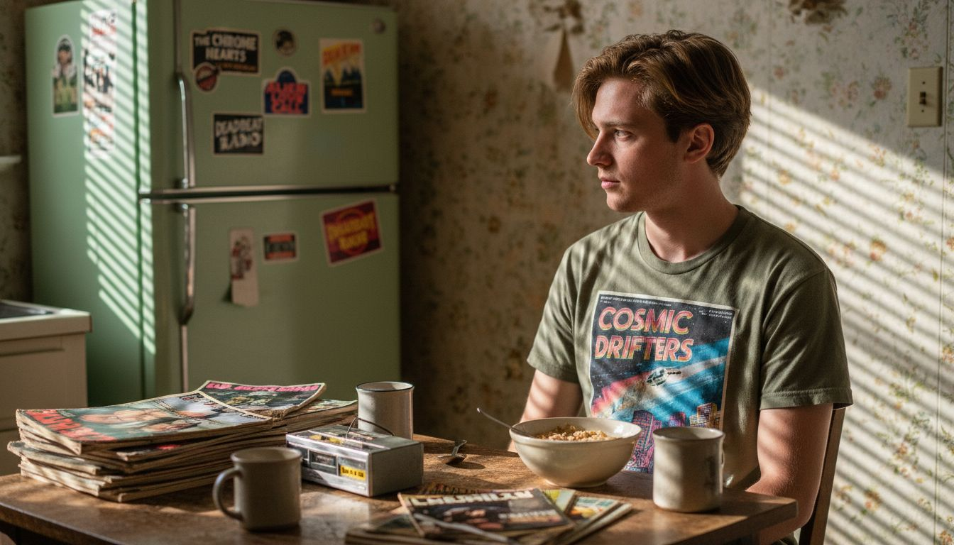 Man in retro movie graphic tee at table