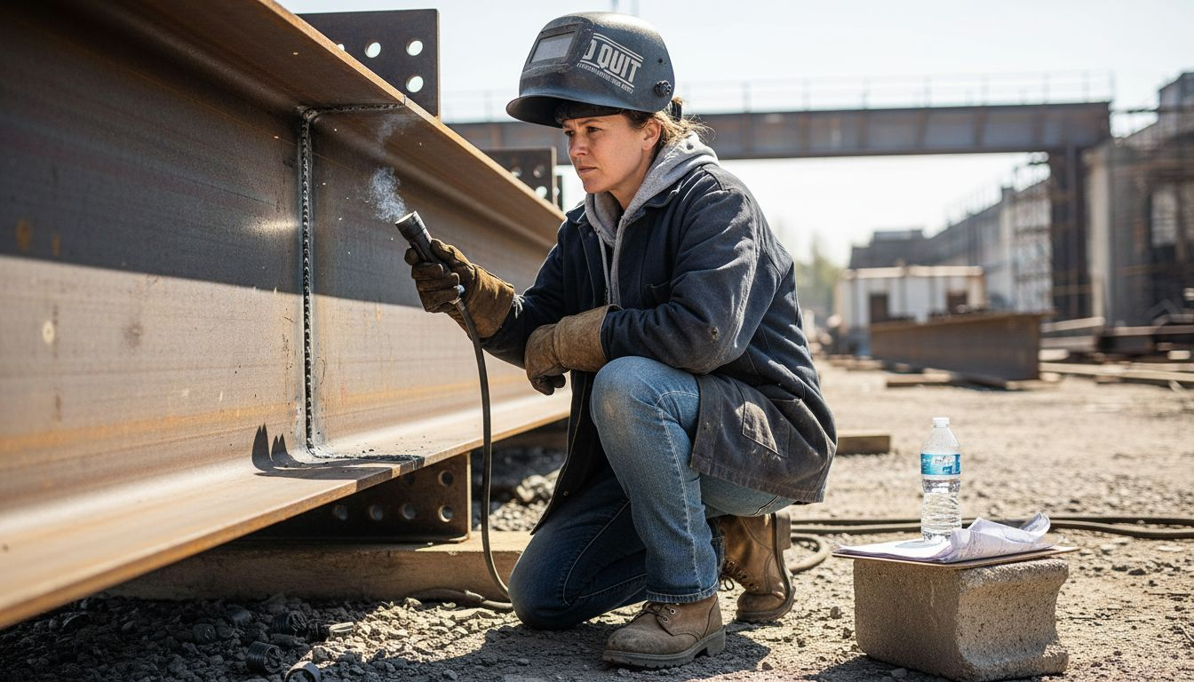 Woman welder inspecting bridge welds