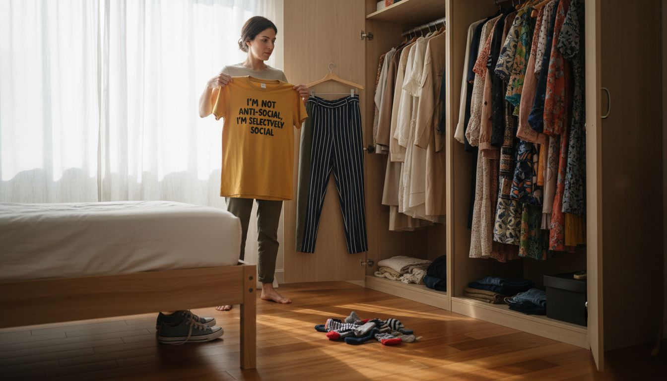 Woman choosing colors for witty tee outfit