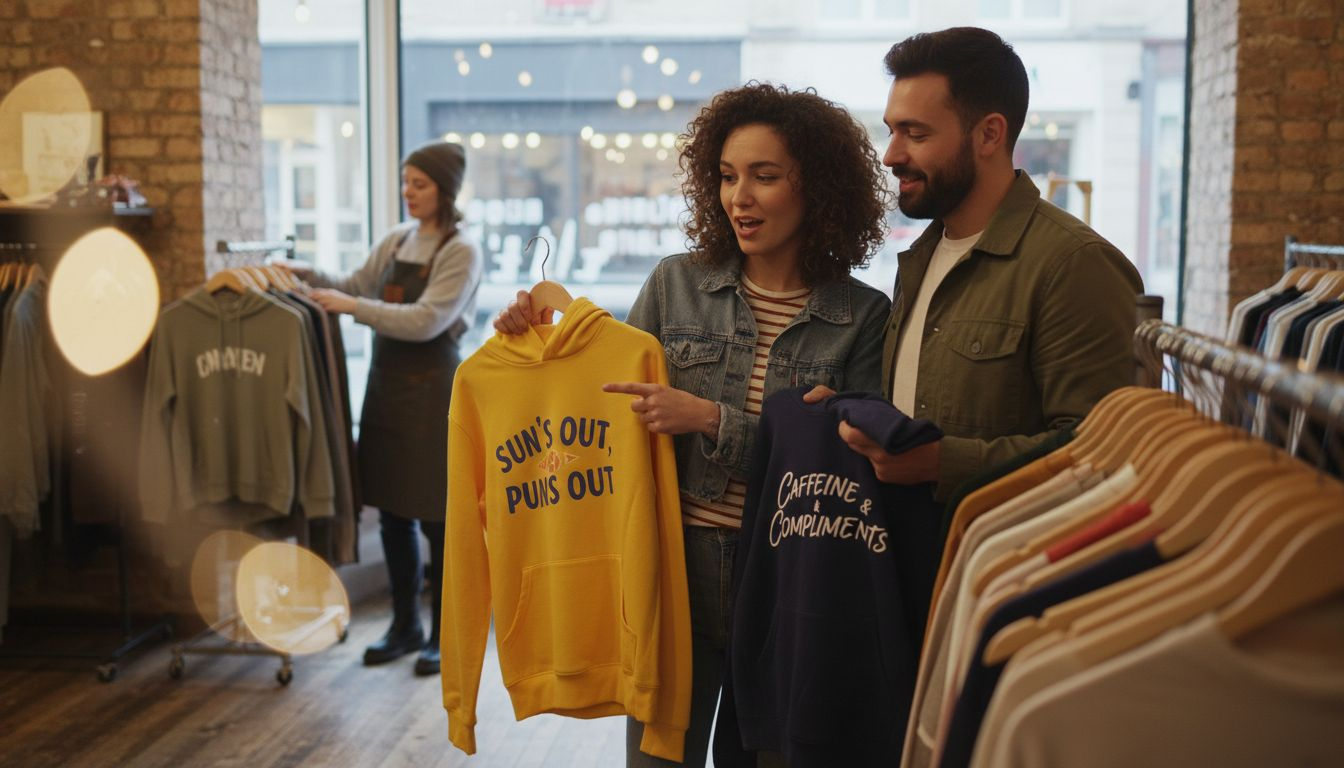 Friends selecting hoodie designs in boutique