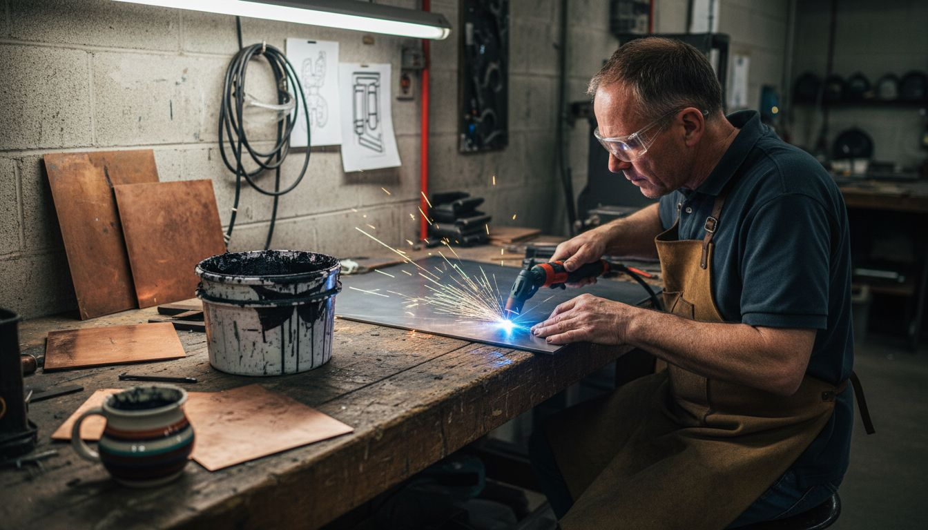 Metal artist working with tools in garage studio