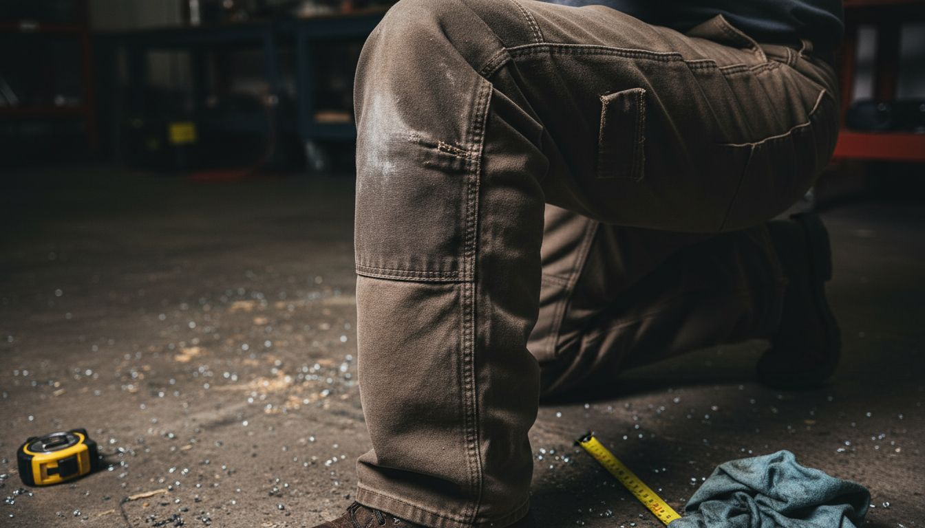 Close-up of durable work pant knee details