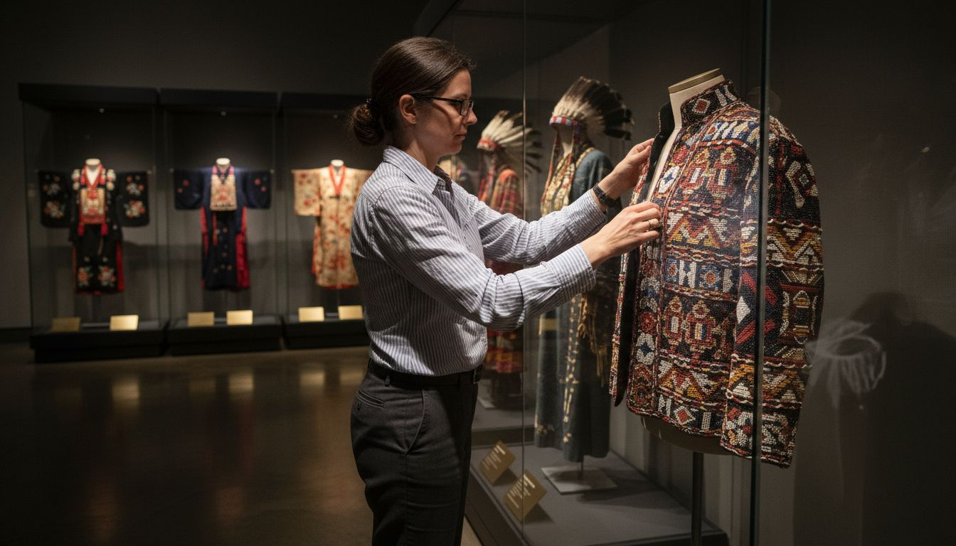 Curator arranging cultural garments in exhibition