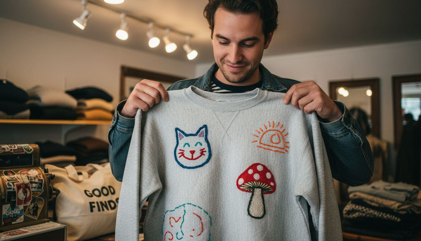 Shopper examines sweatshirt craftsmanship