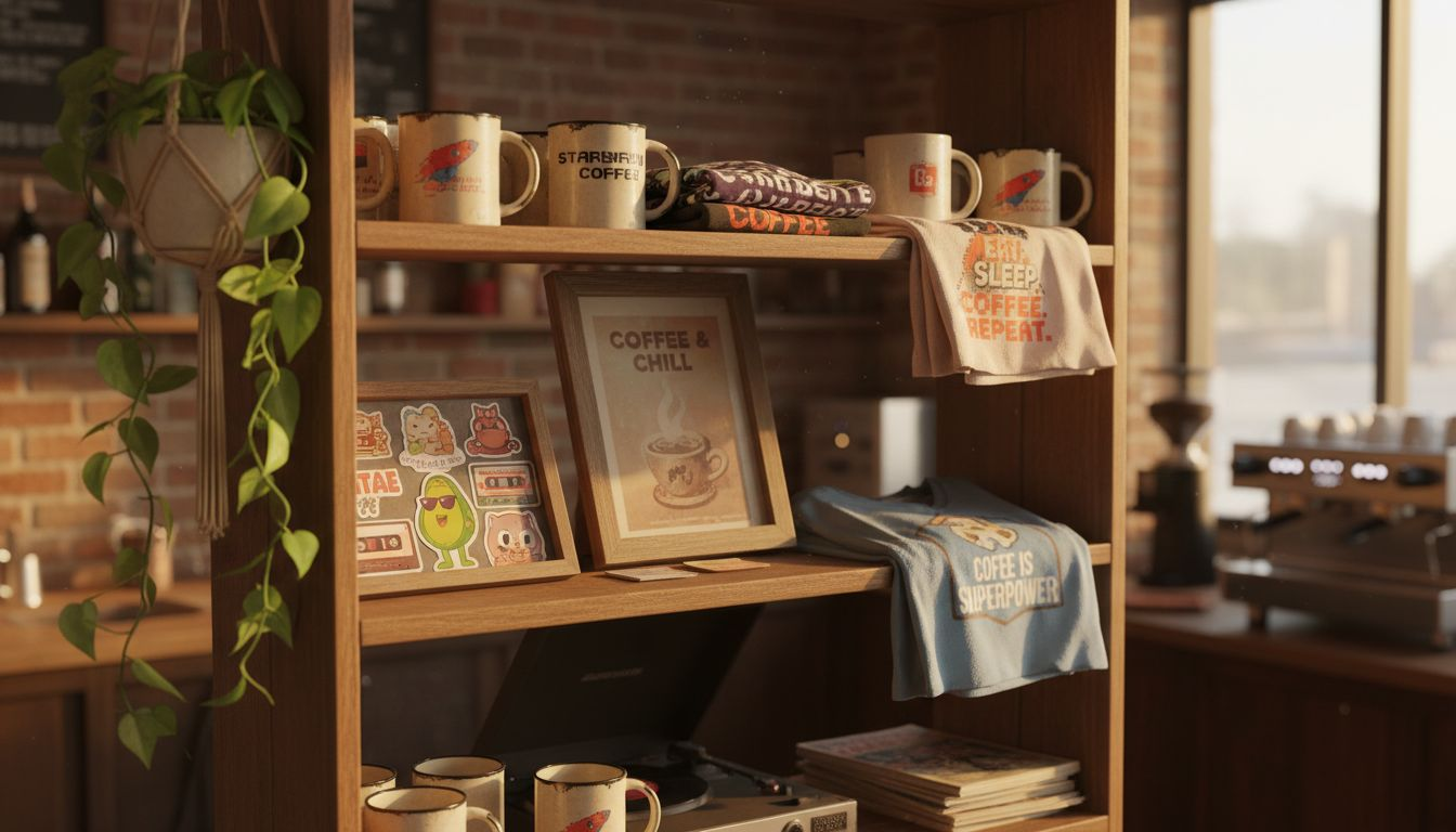 Vintage style coffee shop merchandise display
