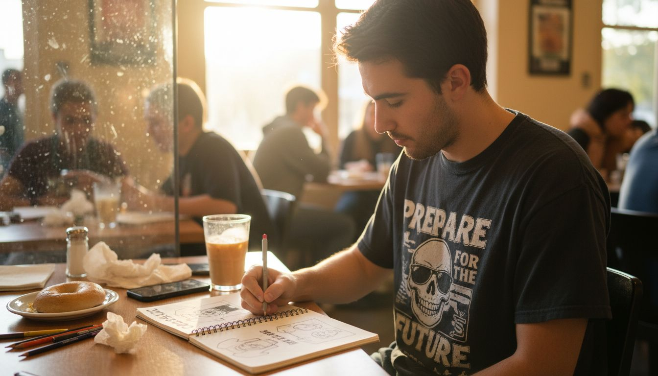 Student sketching cult movie shirt ideas