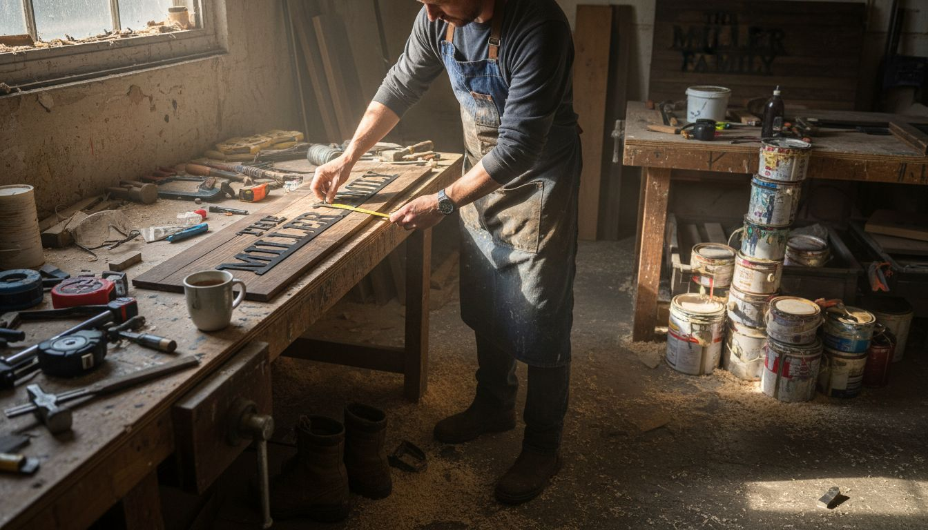 Person crafting mixed-material family wall sign