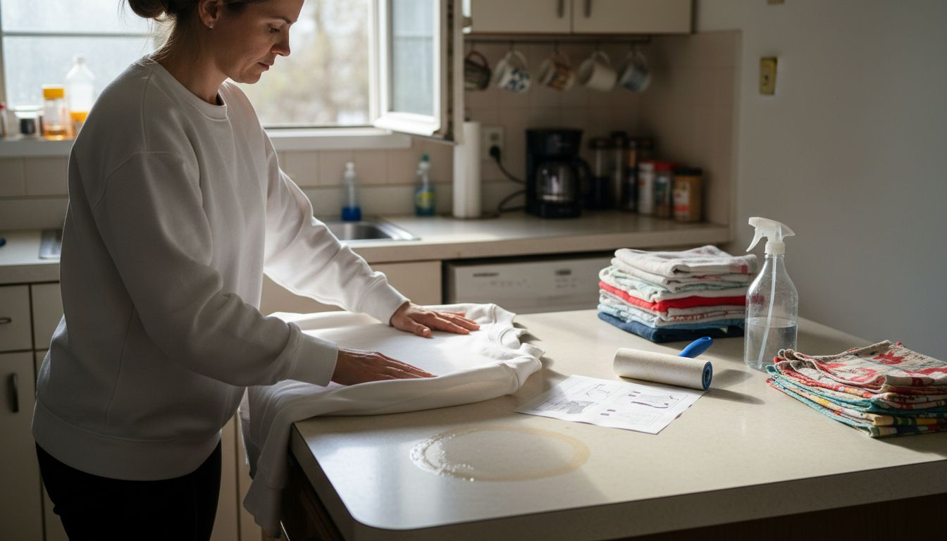 Preparing blank sweatshirt for printing on kitchen counter