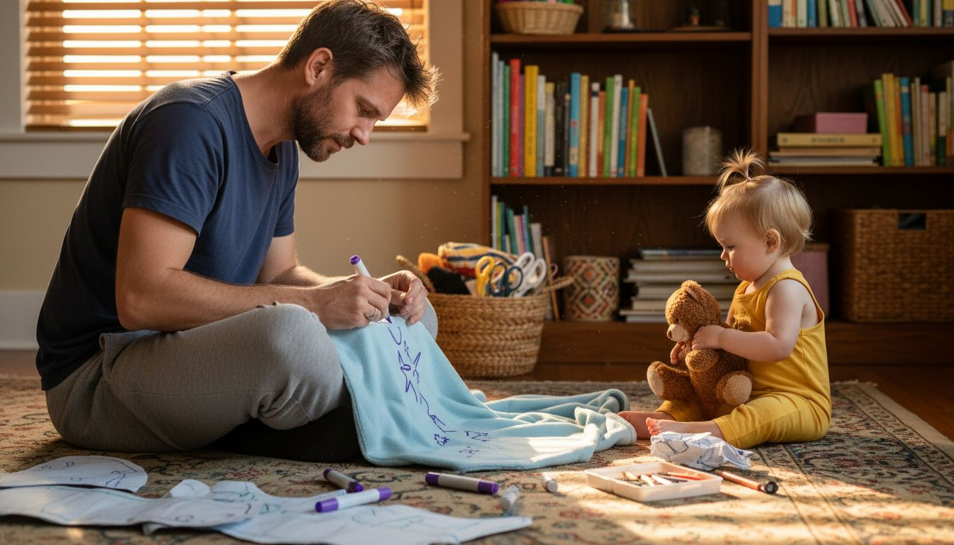 Parent adding design to child’s blanket