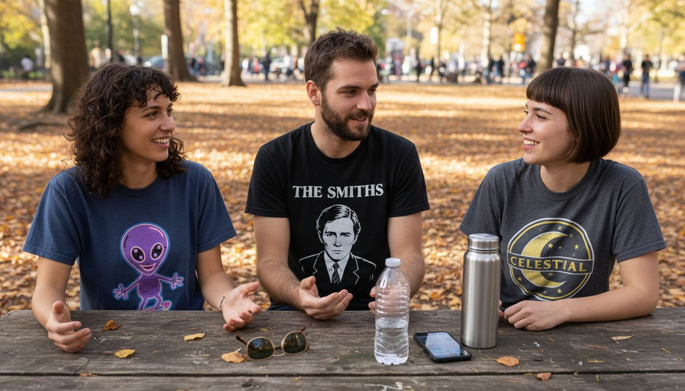 Group discussing cult tees in park