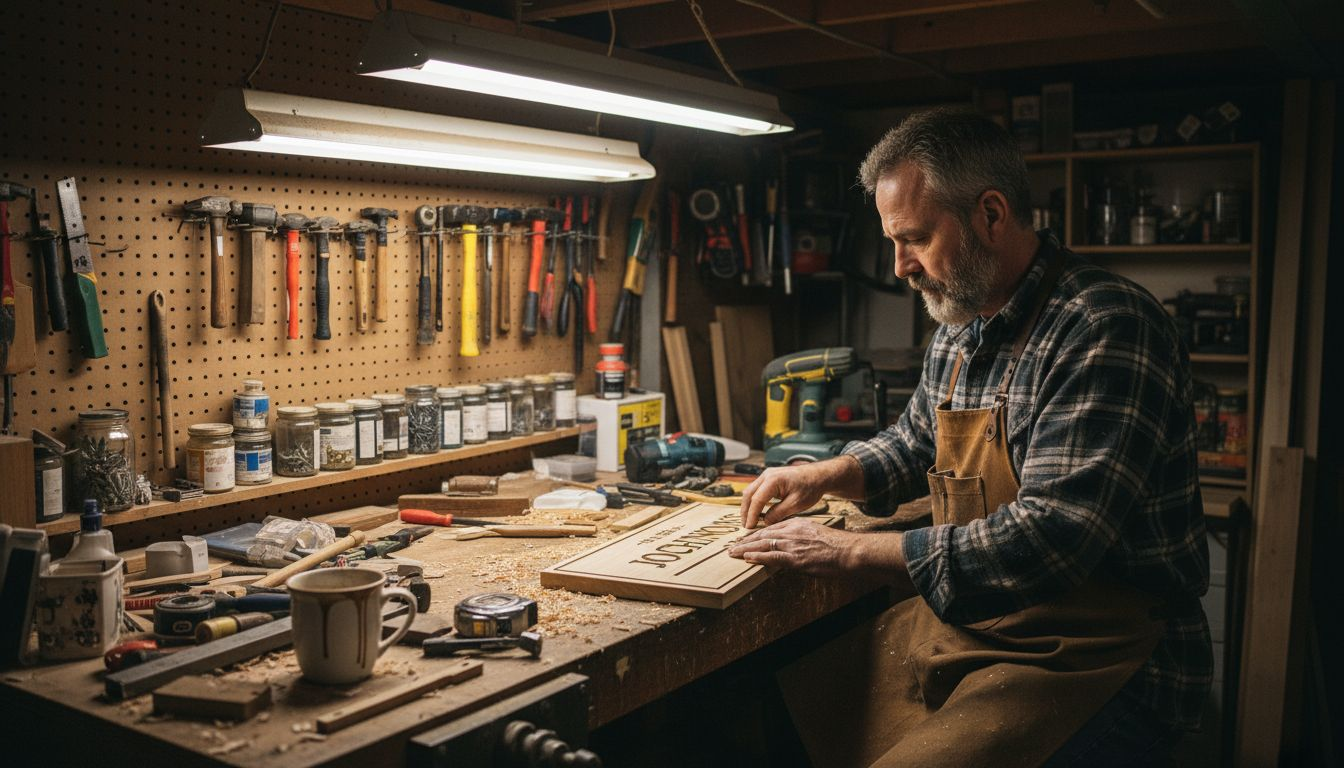 Artisan crafting custom wood family sign