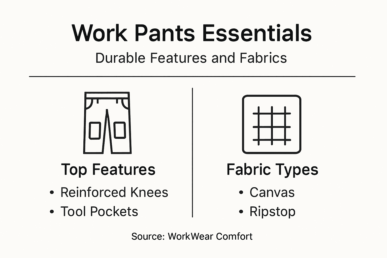 Infographic showing work pant features and fabric types