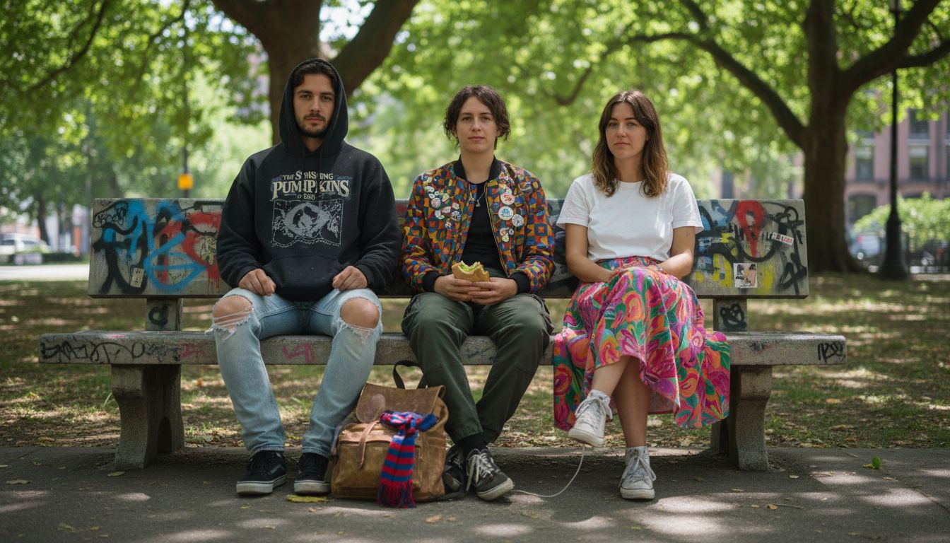 Friends in bold statement outfits on park bench