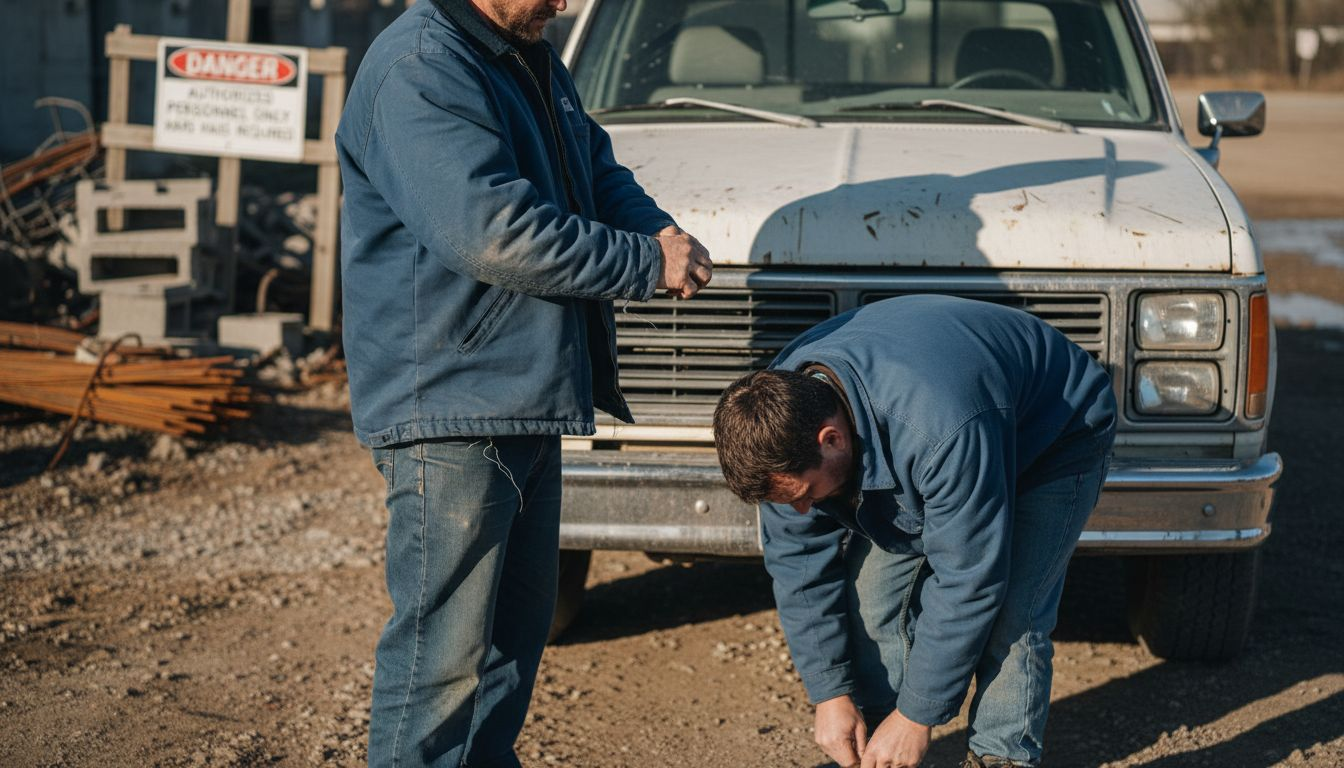 Outdoor workers adjusting insulated jackets