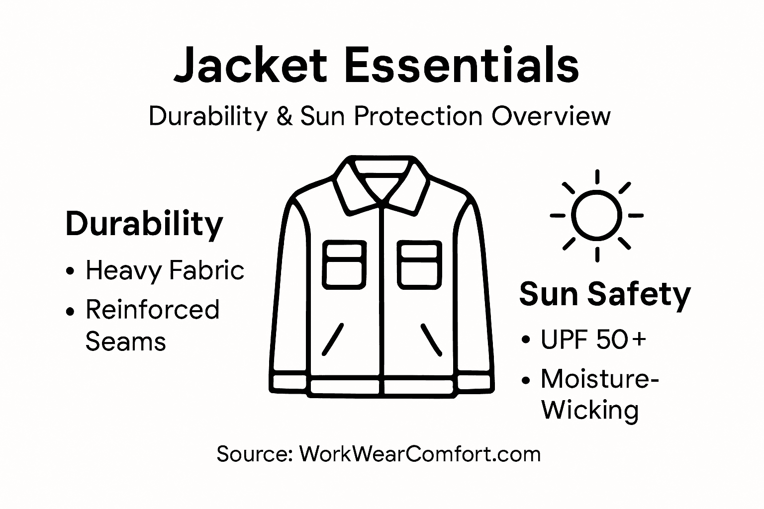 Infographic showing jacket features for durability and sun
