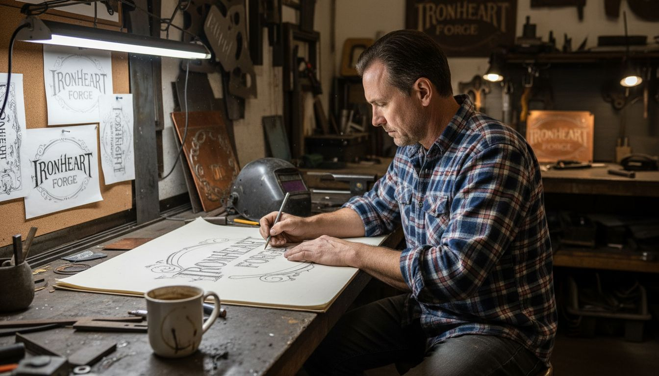 Artisan sketching metal sign design in workshop