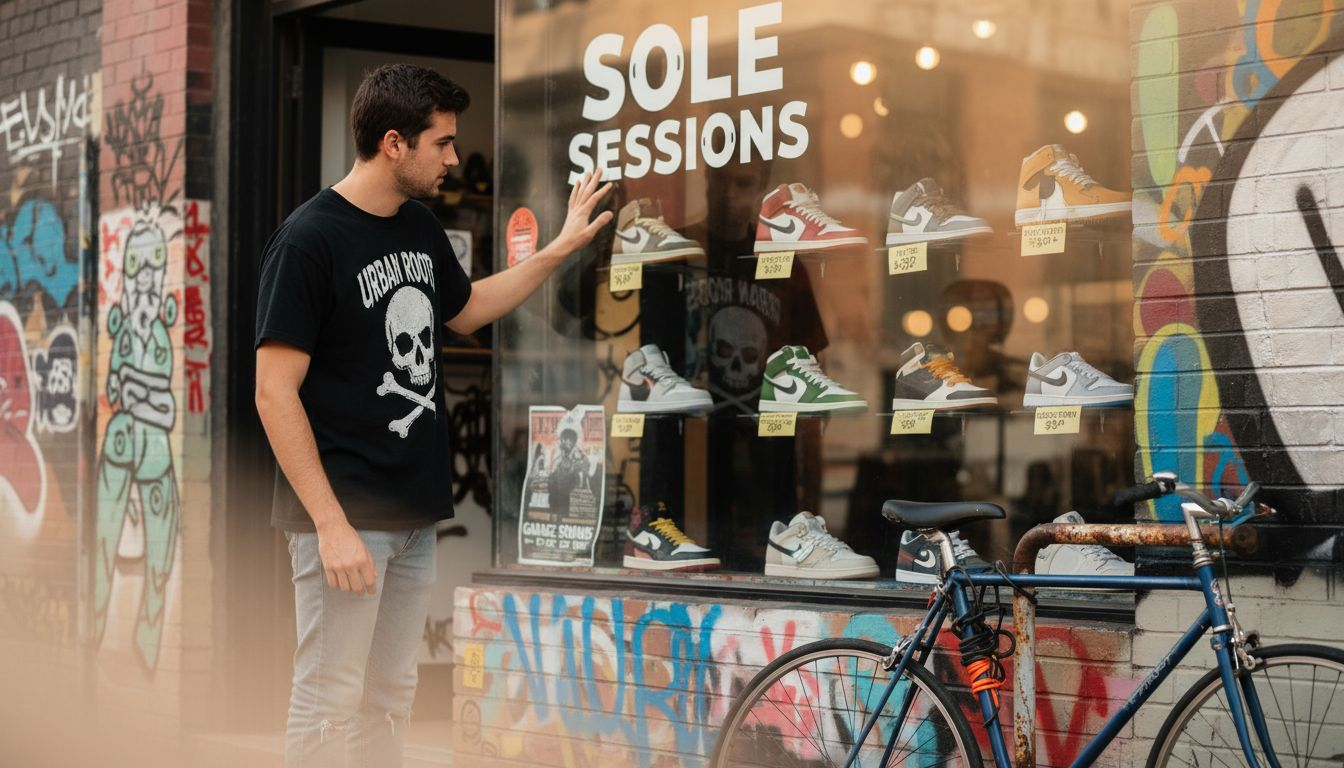 Young man examines boutique brand apparel window