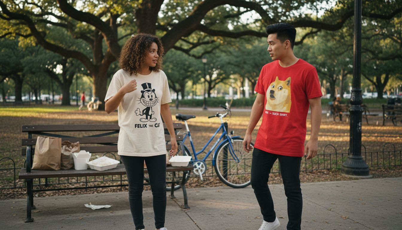 Friends interact in graphic tees outdoors