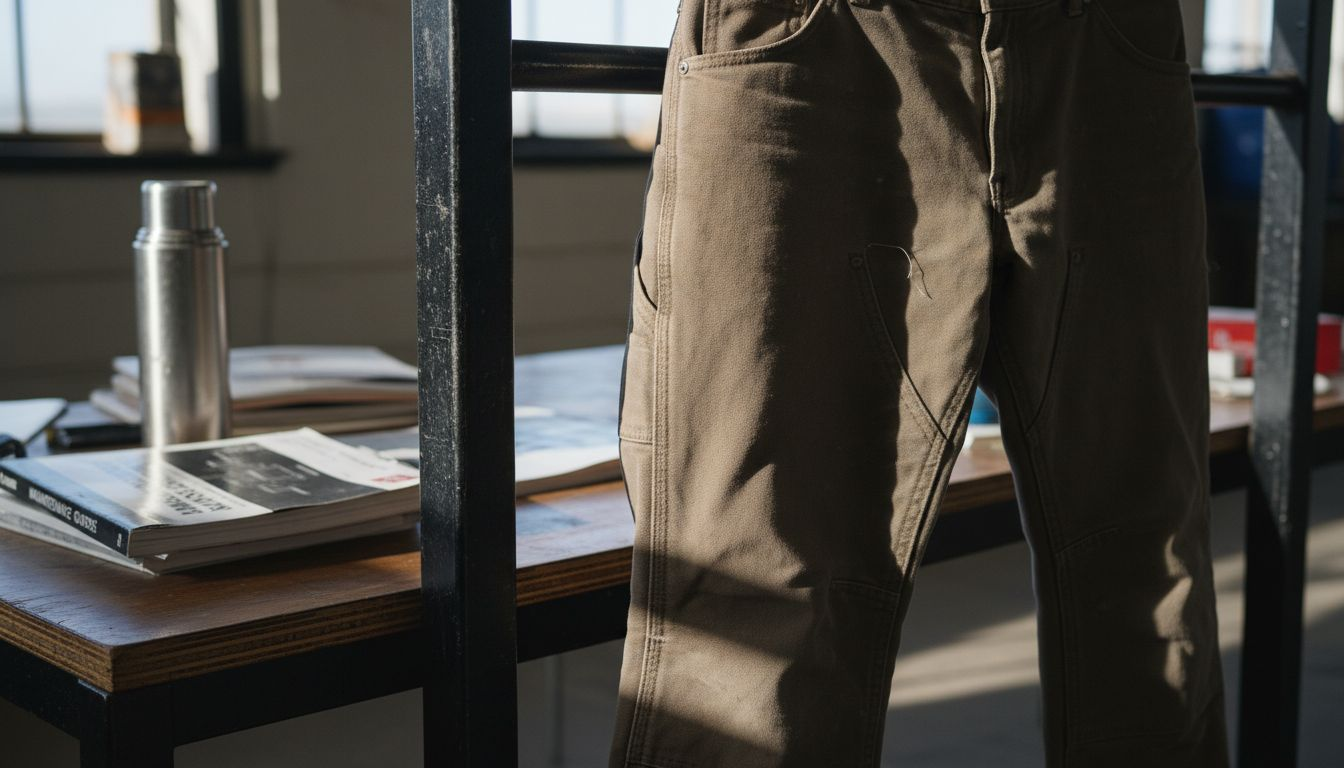 Closeup reinforced seams on trade trousers