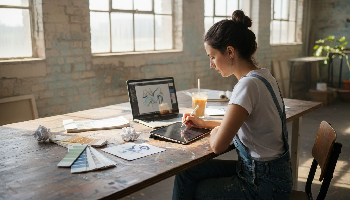 Designer sketching graphic wear concepts in studio