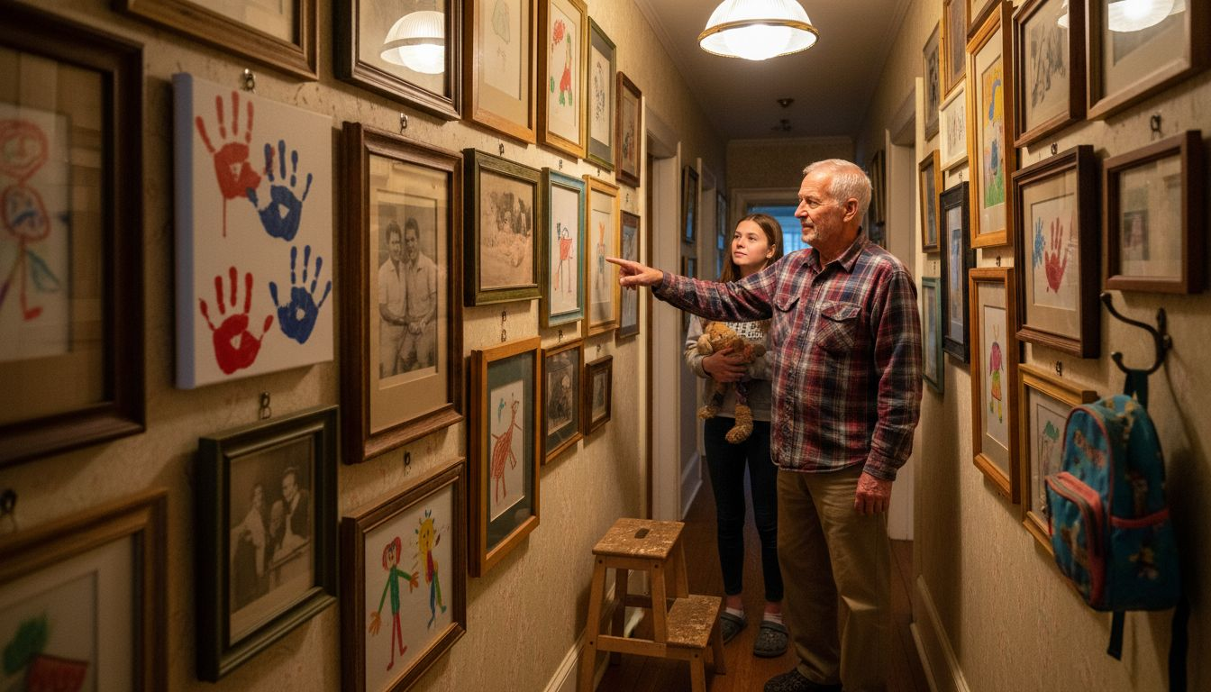 Family admiring personalized home art wall