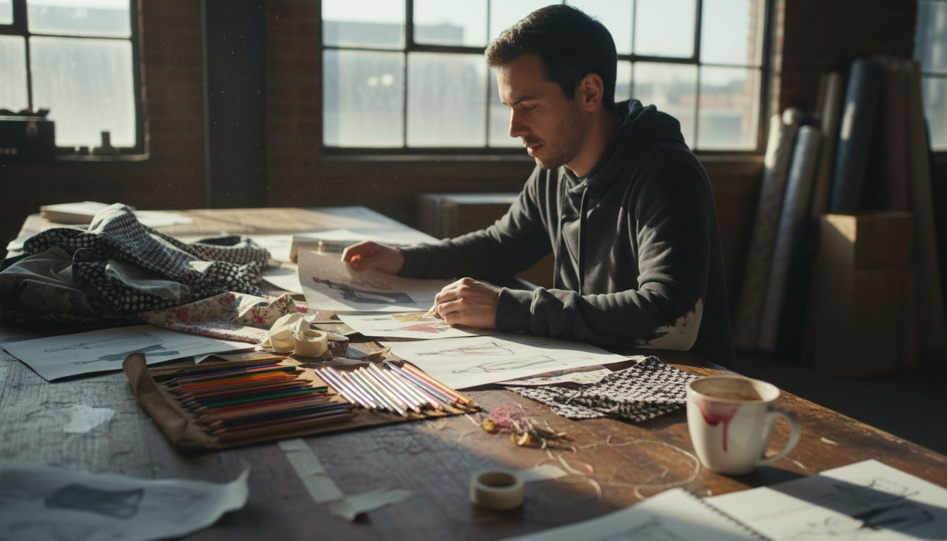 Designer reviewing vintage hoodie graphics at desk