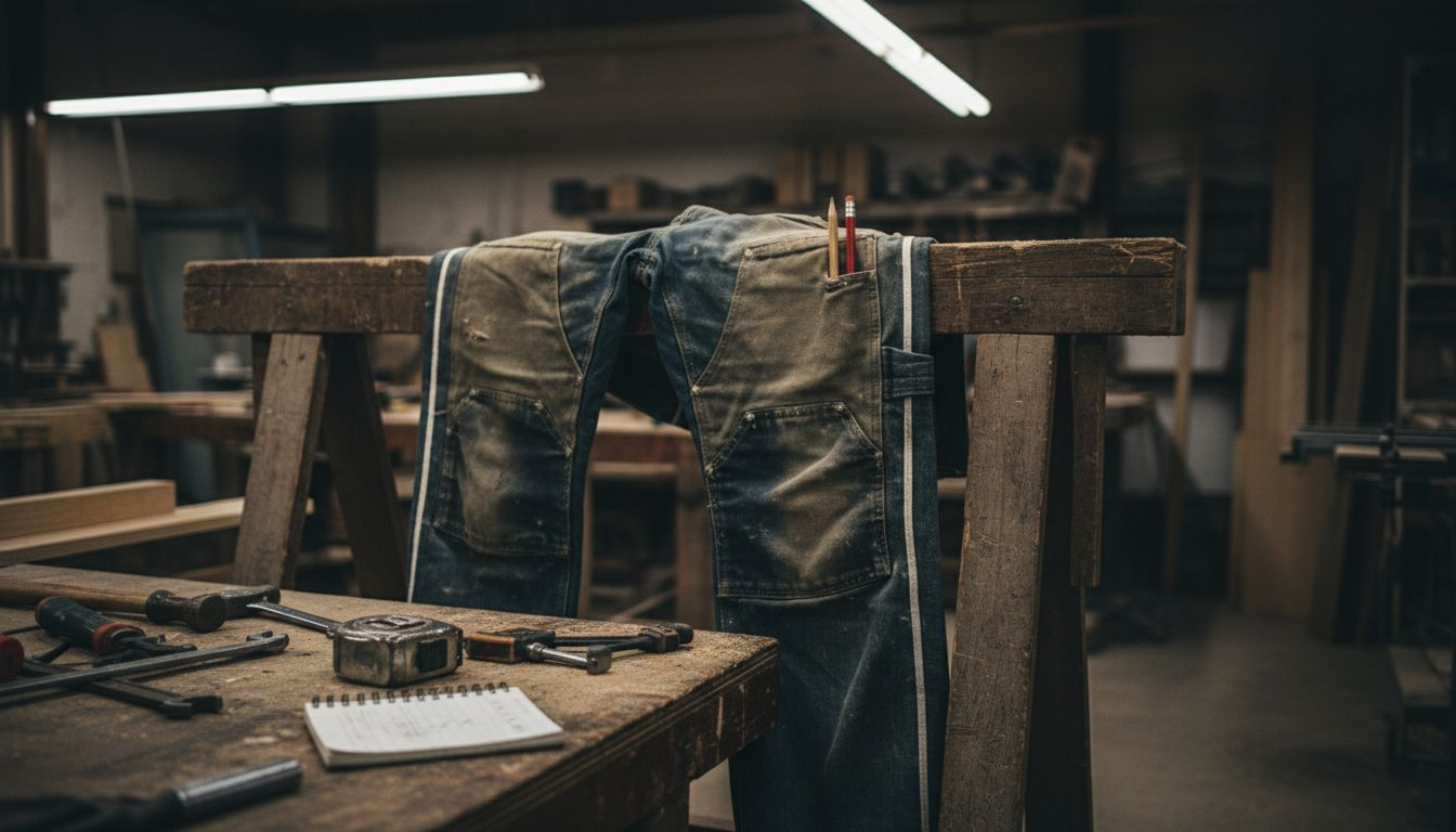 Close-up of work pants fabrics and wear