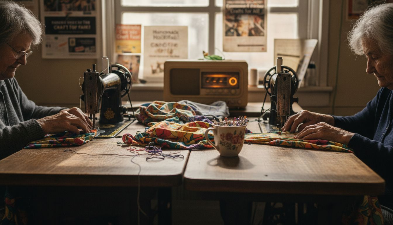 Makers sewing shirts in community space