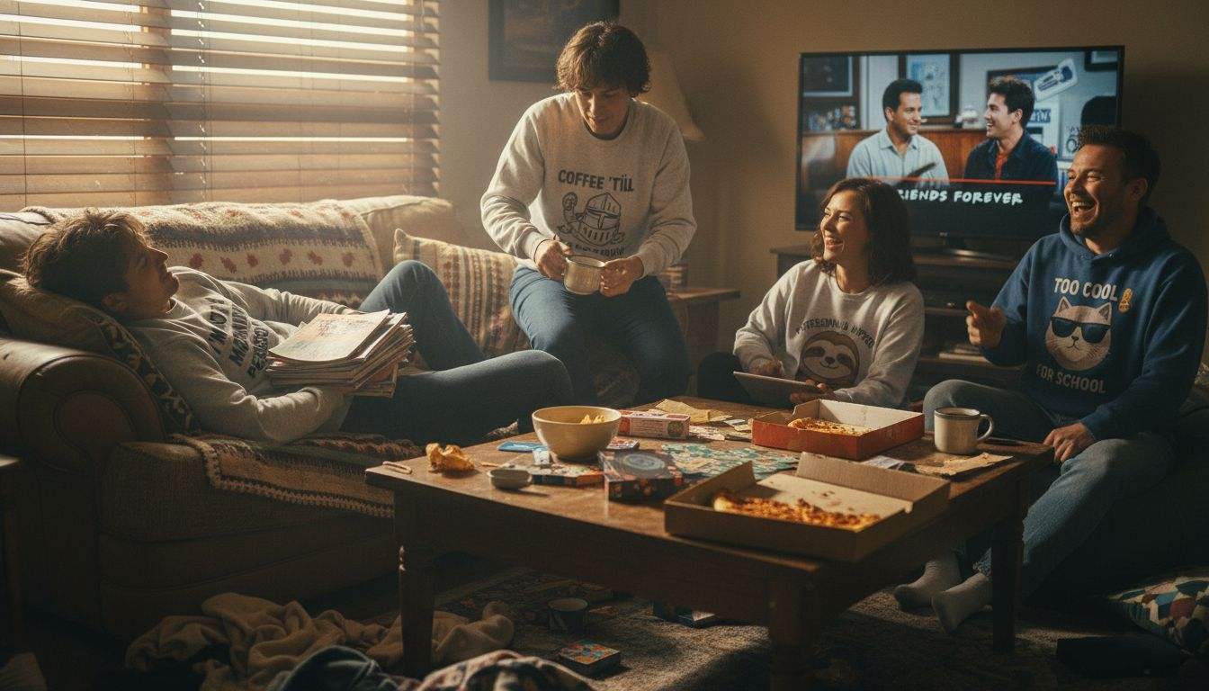 Friends wearing witty sweatshirts relaxing