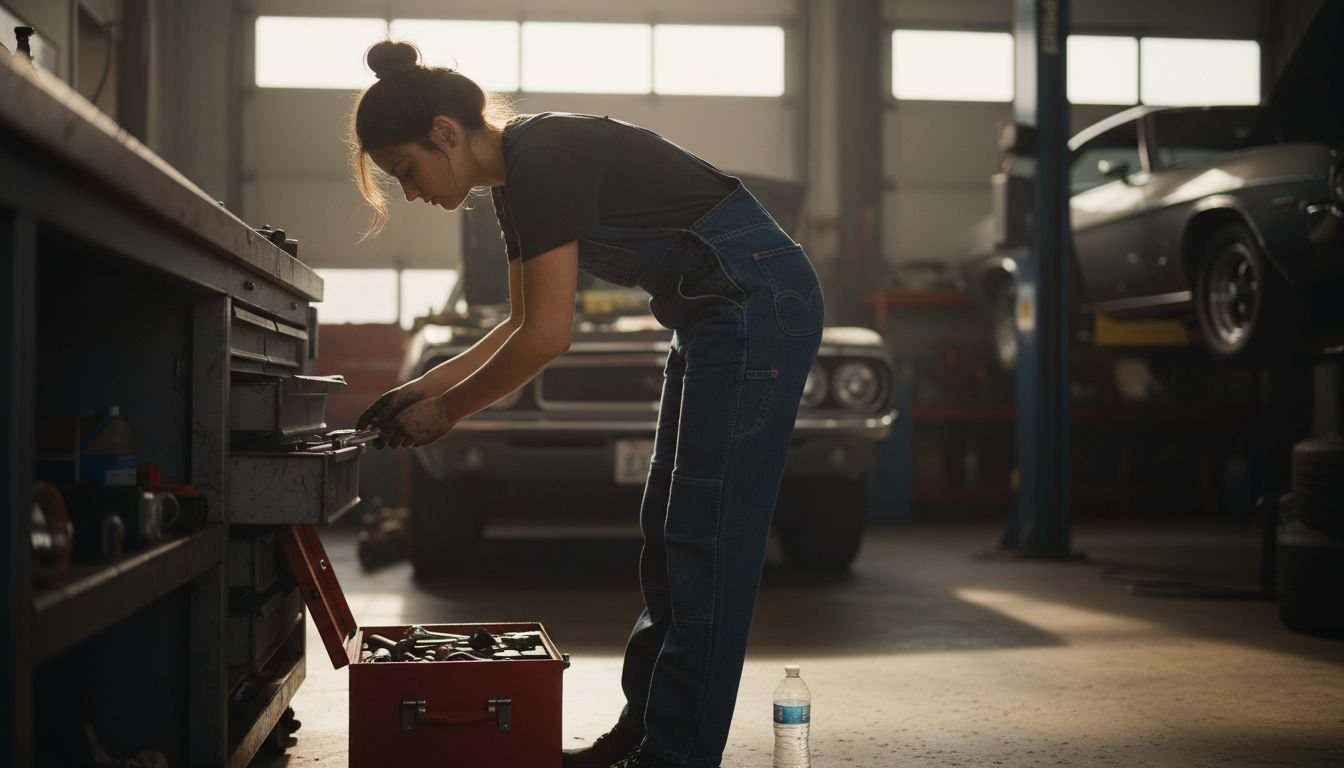 Female mechanic reaching into cabinet in shop