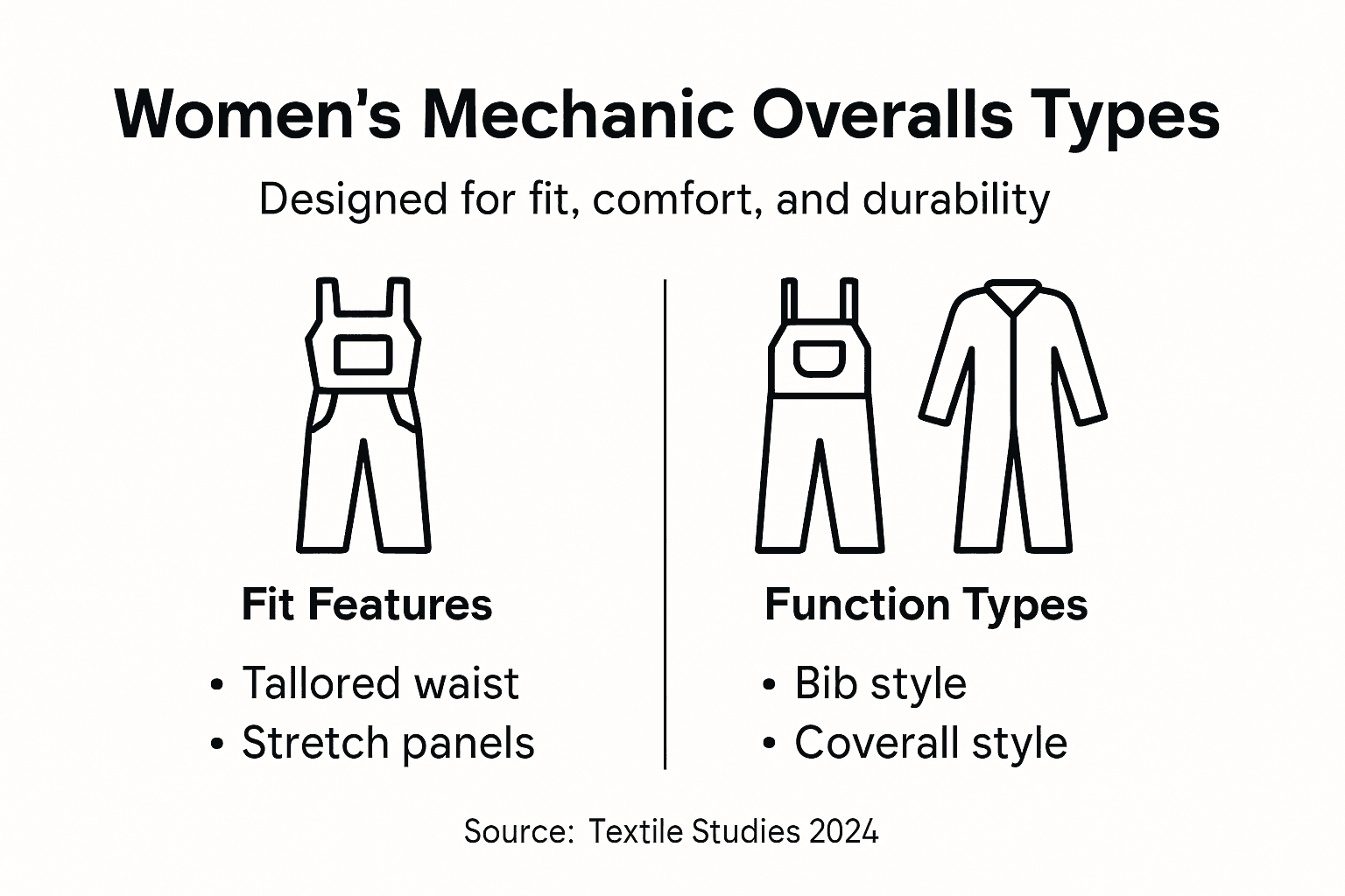 Infographic outlining types of women’s mechanic overalls