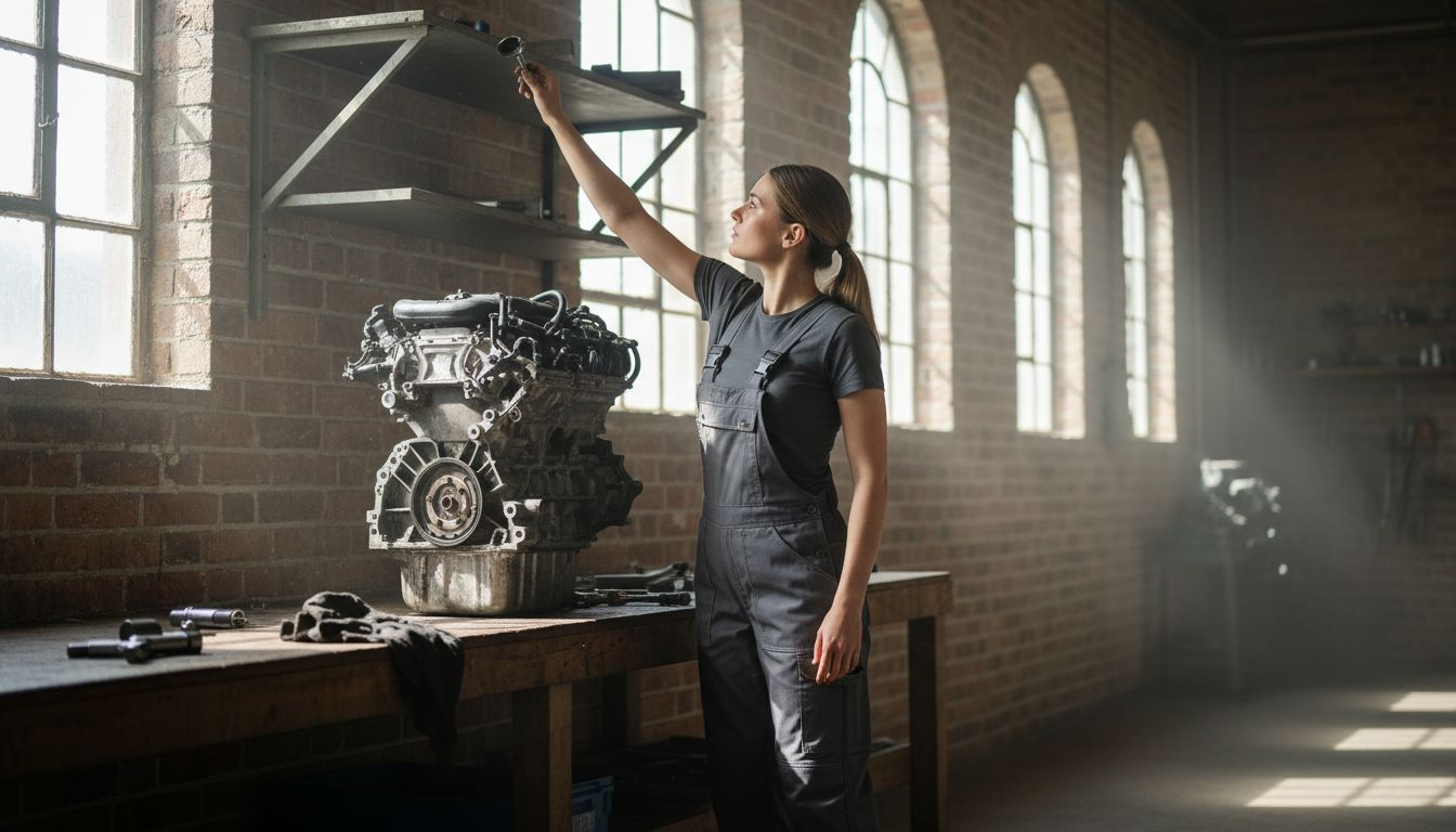 Female mechanic demonstrates ergonomic overall features