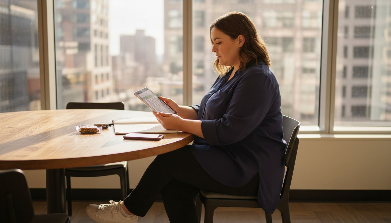 Plus-size woman working in business lounge